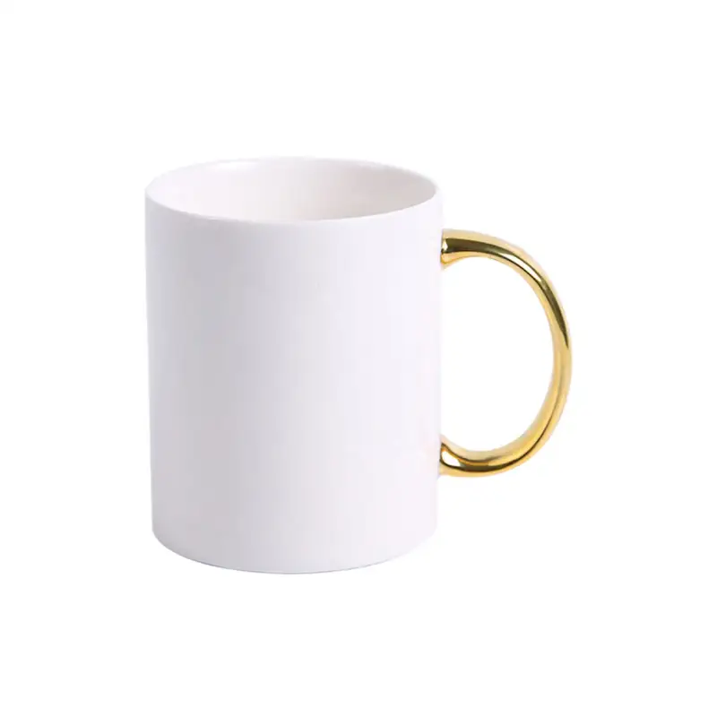 Cana ceramica alba,  maner color auriuv